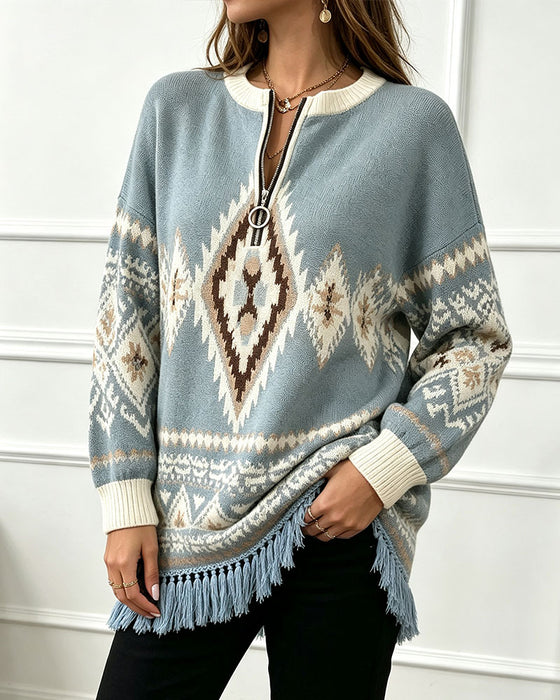 Geometric Jacquard Half-Zip Fringed Hem Pullover