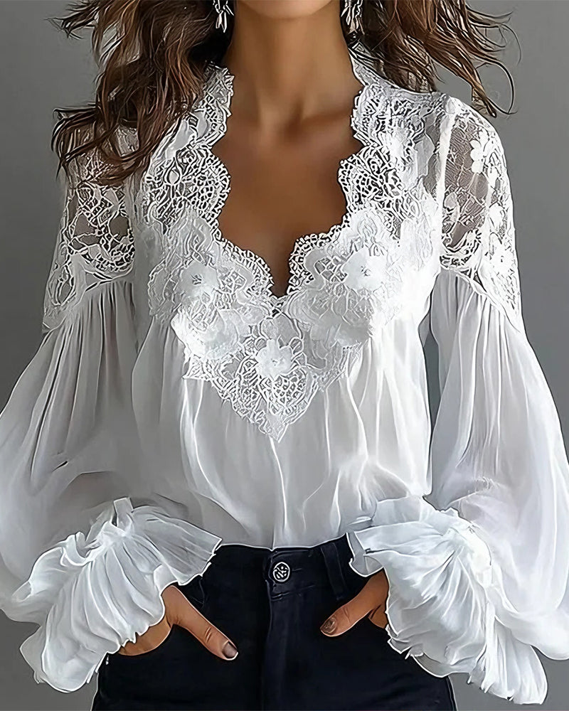 Lace Patchwork V-Neck Blouse