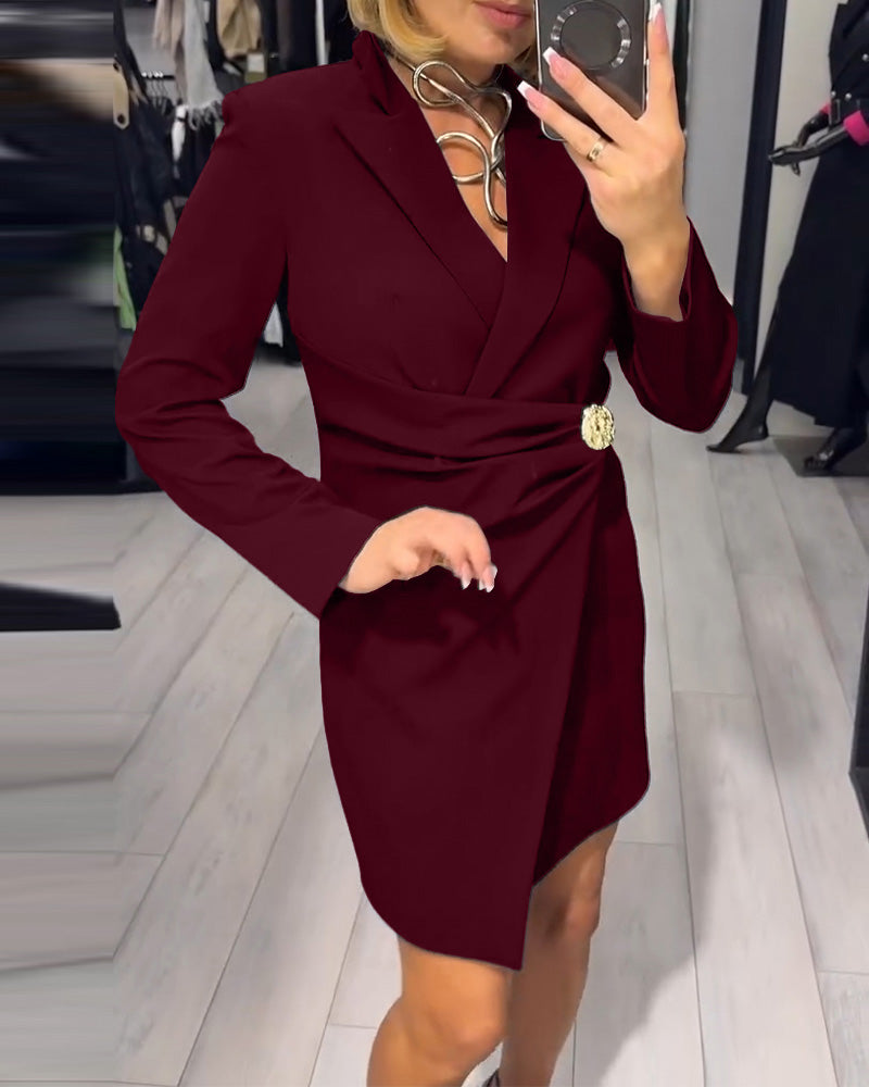 Solid Color Suit Collar Fashion Dress