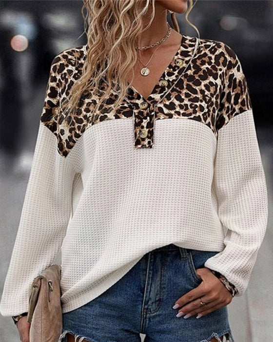 Casual leopard print V-neck buttoned sweatshirt