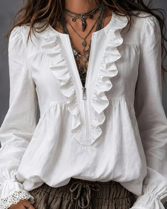 Zippered Ruffle-Sleeve Blouse