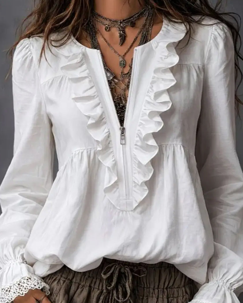 Zippered Ruffle-Sleeve Blouse