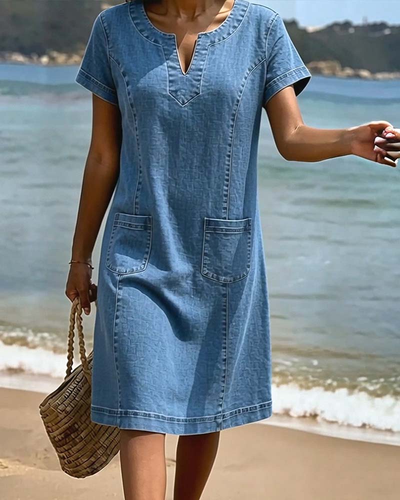 Relaxed Sheath Pocket Small V-Neck Dress