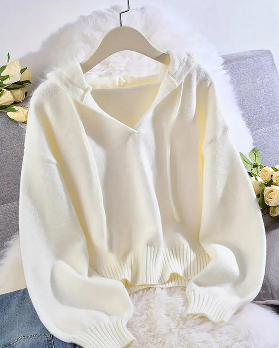 Cropped V-Neck Hooded Pullover