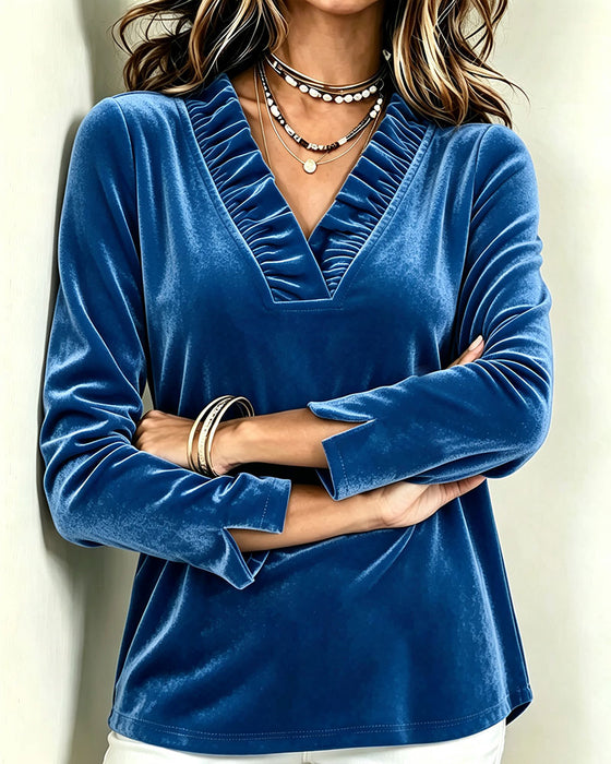 V-Neck Ruffle Smocked Split Blouse