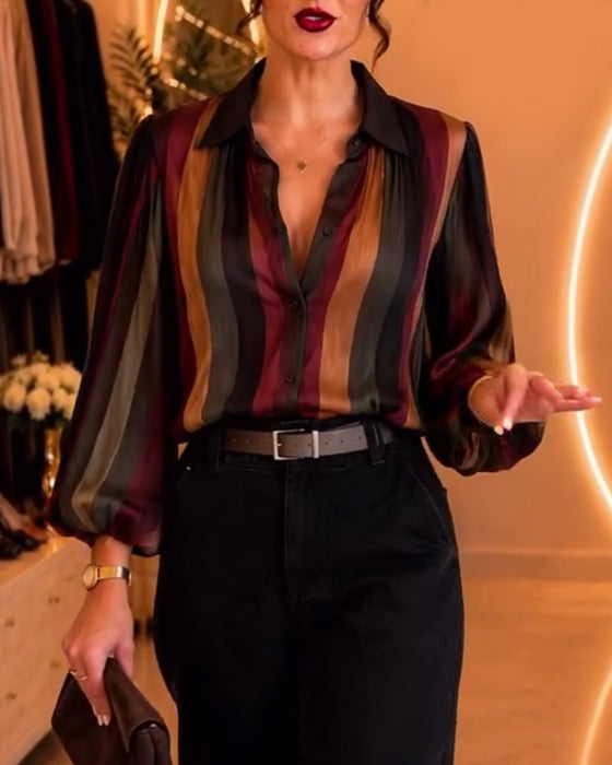 Retro Stripe Puff Sleeve Blouse