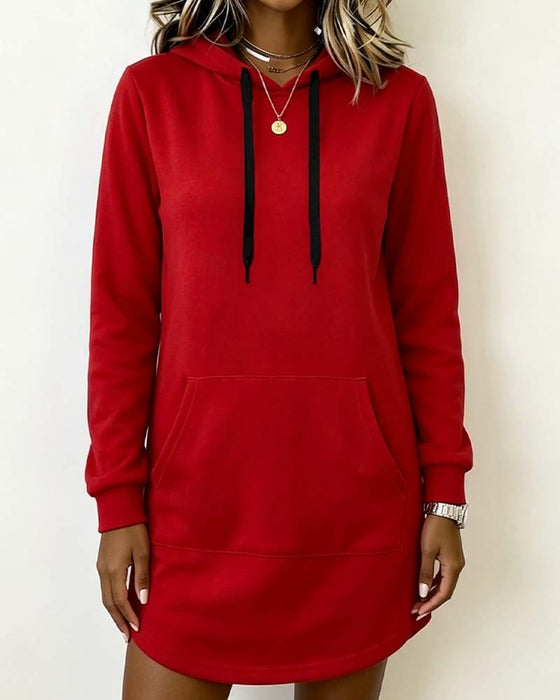 Solid Color Curved Hem Hooded Sweatshirt Dress
