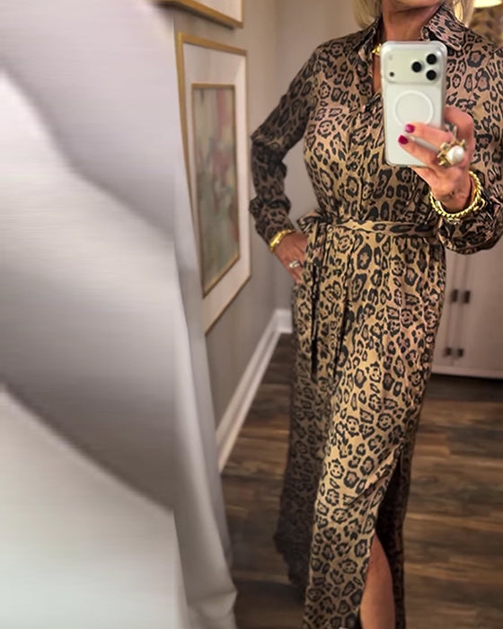 Leopard Print Slit Long Sleeve Dress