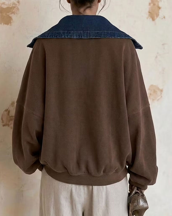 Lapel Denim Patchwork Loose Sweatshirt