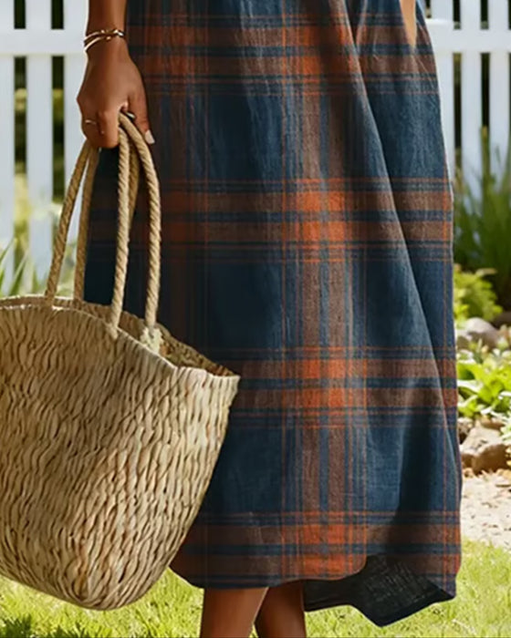 Forest-Style V-Neck Plaid Casual Dress