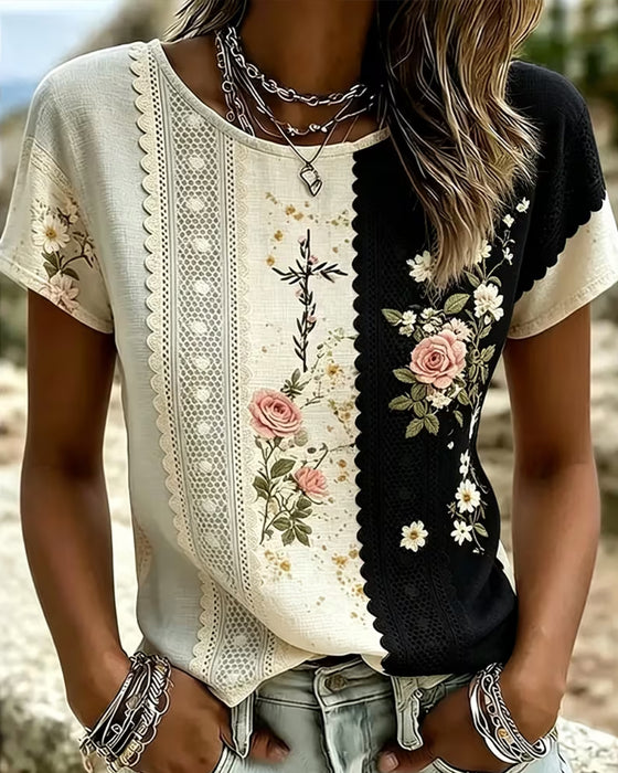 Contrast Lace Rose Print Blouse