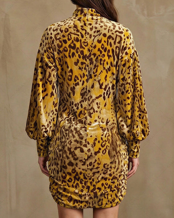 High Neck Leopard Lantern Sleeve Elegant Dress