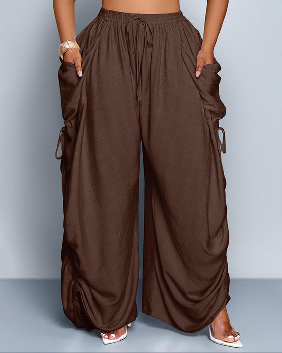 Solid Color Pleated High-Waist Wide-Leg Pants