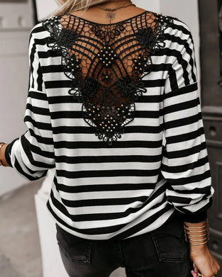 Long-Sleeved Backless Striped Top