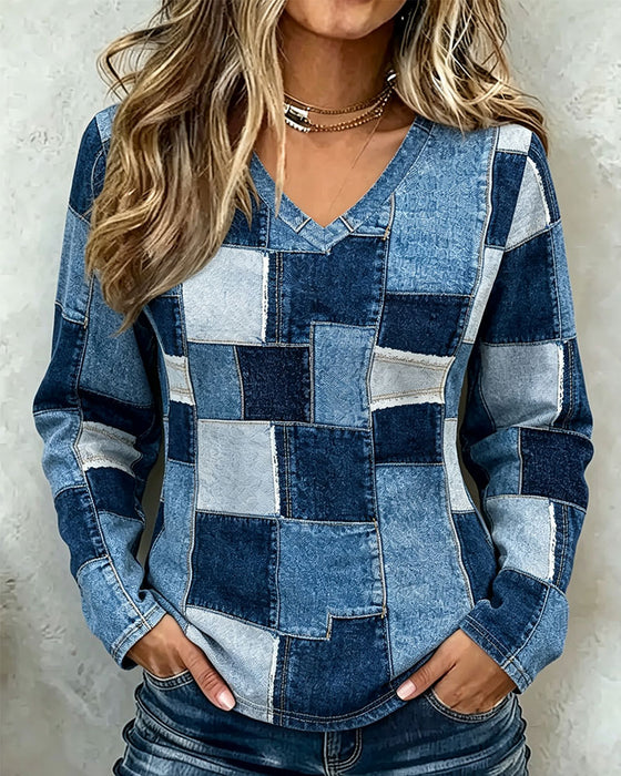 V-Neck Plaid Color-Block Top
