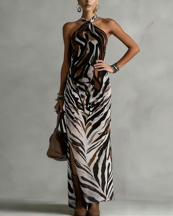 Zebra Halter Slit Long Dresses