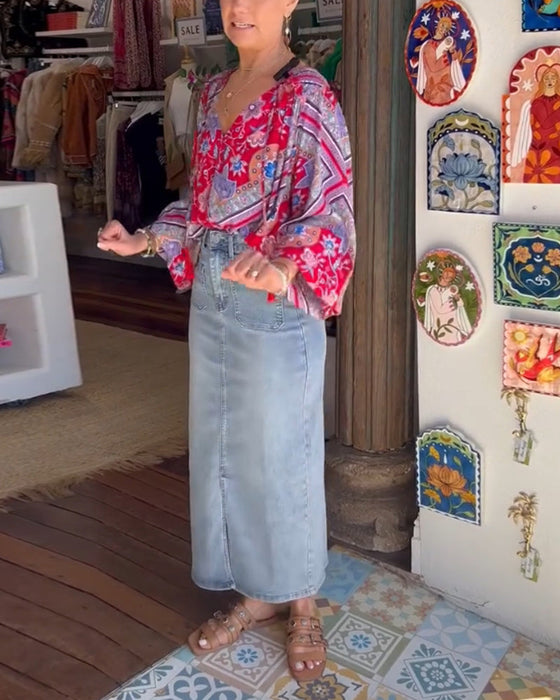 V-Neck Printed Long Sleeve Blouse