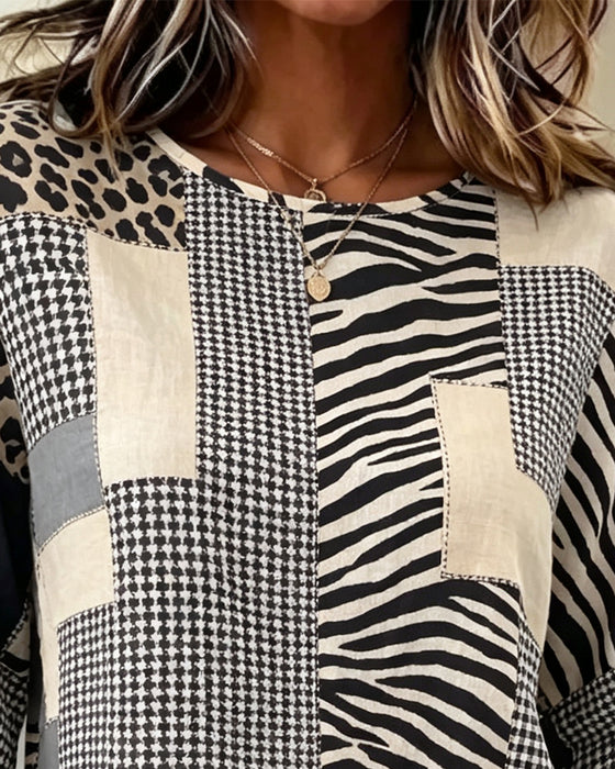 Crewneck Patchwork Plaid Leopard Blouse