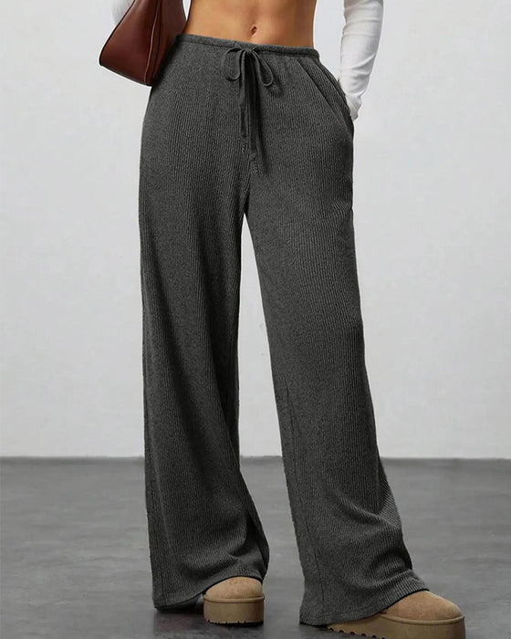 Solid Drawstring Wide-Leg Long Pants