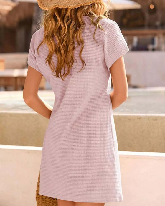 Waffle Textured Lace Trim Short Sleeve Dress