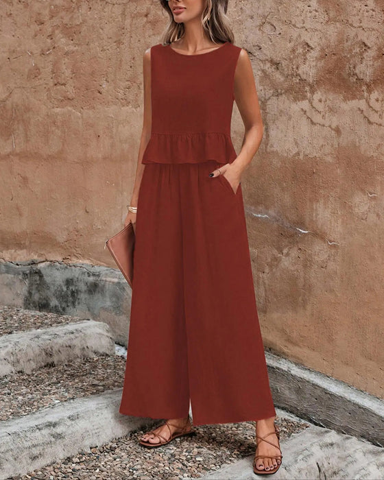 Sleeveless Round Neck Ruffle Wide Leg Set