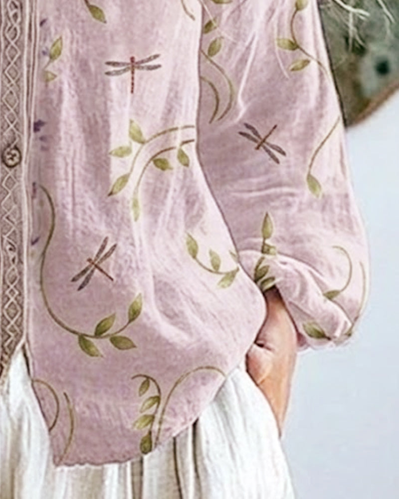 Dragonfly Embroidery V-Neck Blouse