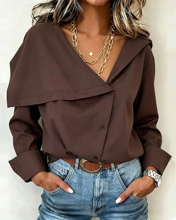 Deep V Asymmetric Button Lapel Blouse