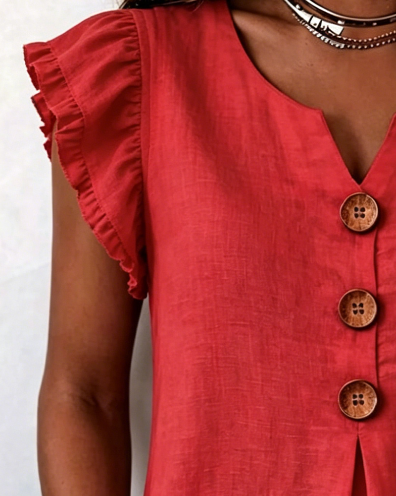 Ruffle Short Sleeve Solid Three-Button Blouse