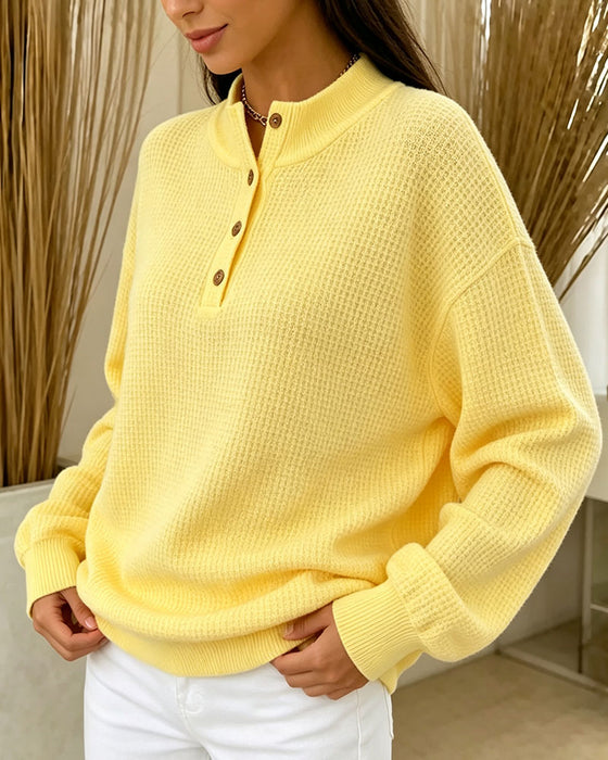 High Neck Button Long Sleeve Blouse
