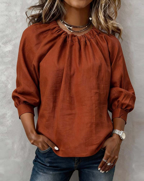 Solid Color Long-Sleeved Crew Neck Blouse