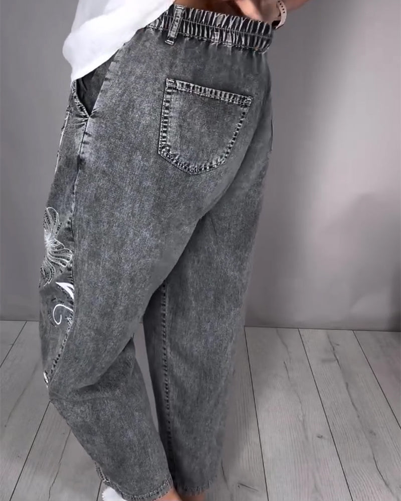 Floral Print Distressed Jeans