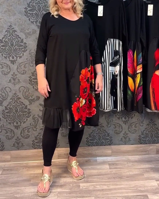 Spliced mesh floral print casual dress