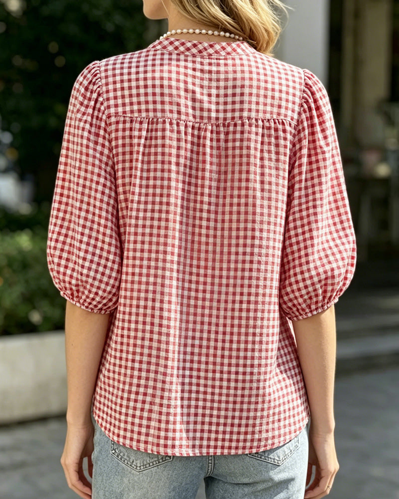 Plaid Print Puff Sleeve Short Sleeve Blouse