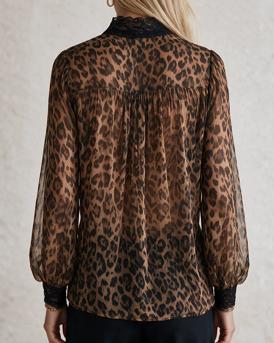 V-Neck Leopard Long Sleeve Blouse