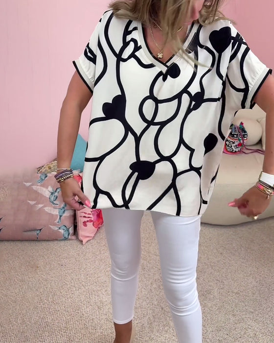 Contrast print V-neck short-sleeve casual top