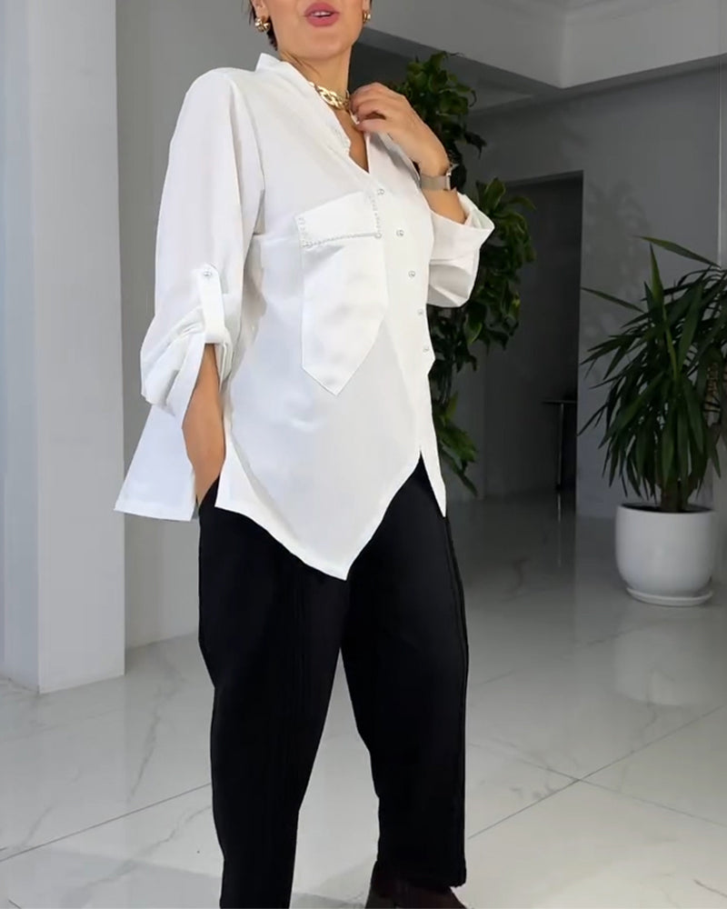 Solid Color Irregular Button-Up Shirt