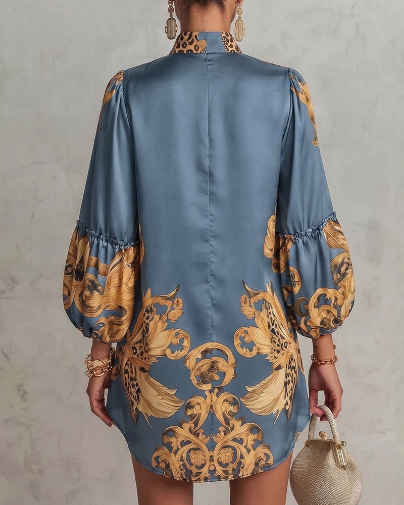 Leopard Lantern Sleeve Stand Collar Print Dress