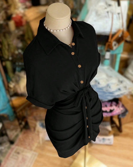Tie Button Pleated Shirt Collar Dress