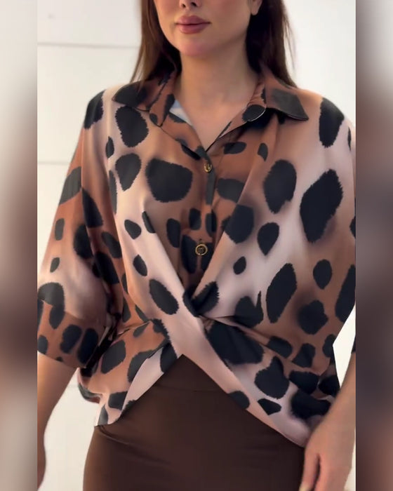 Twist Lapel Leopard Print Blouse