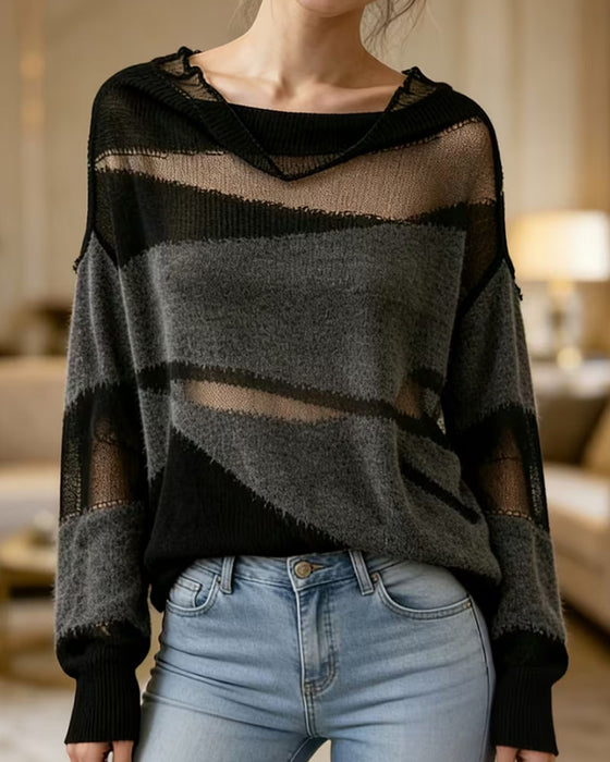 Contrast Color Sheer Long Sleeve Sweater Pullover