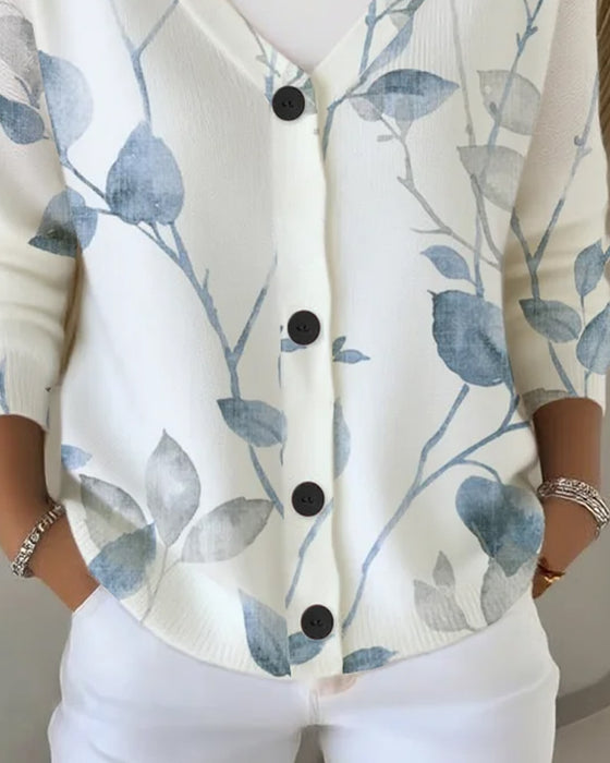 V-Neck Button Leaf Print Pullover