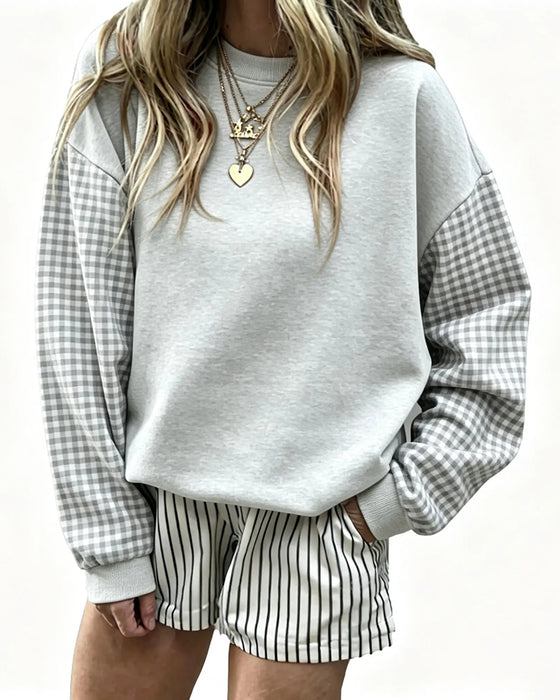 Crew Neck Plaid Patchwork Solid Sweatshirt