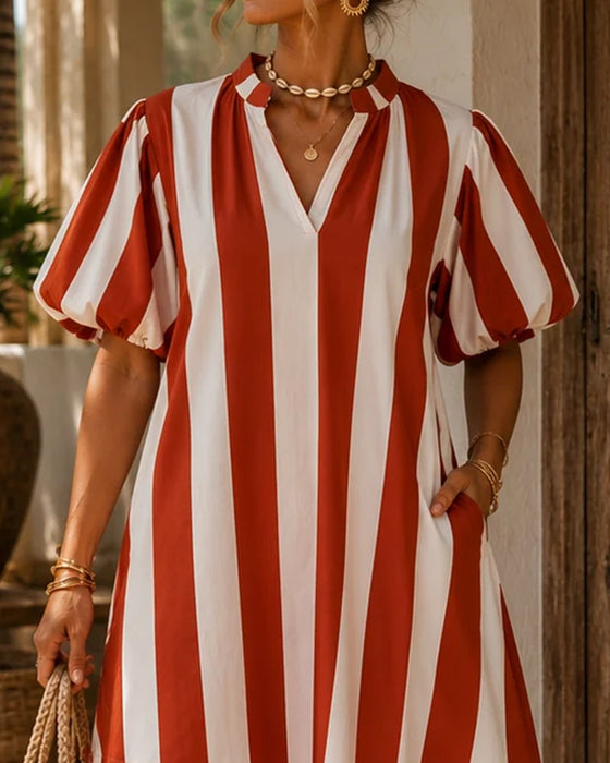 V-Neck Stand Collar Striped Puff Sleeve Pocket Dress