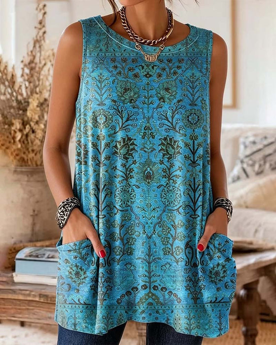 Crew Neck Print Side Pocket Tank Top