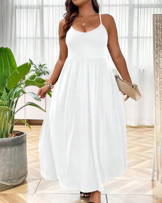 V-Neck Flared Spaghetti Strap Long Dresses