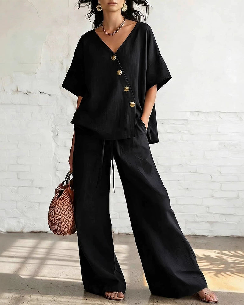 Solid Loose Fit Casual Two-Piece Set