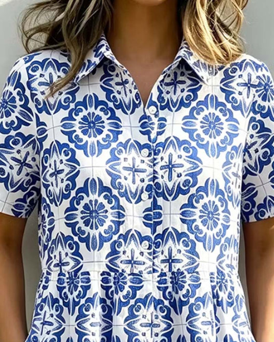 Shirt Collar Pocket Print Dress