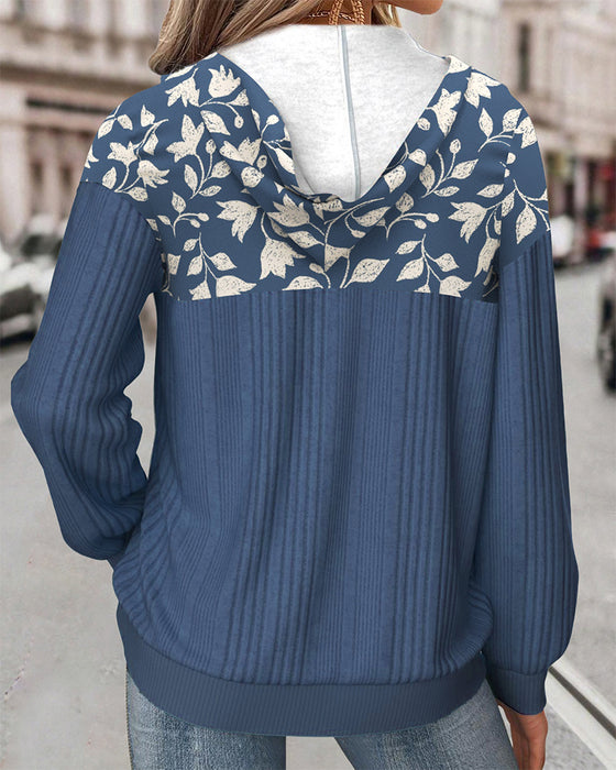 Hooded Half-Zipper Floral Printed Sweatshirt