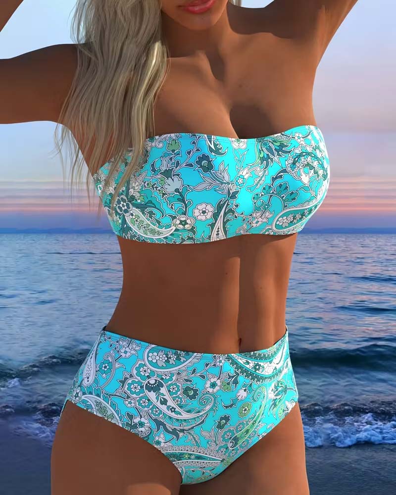Cashew Flower Print Bandeau Bikini