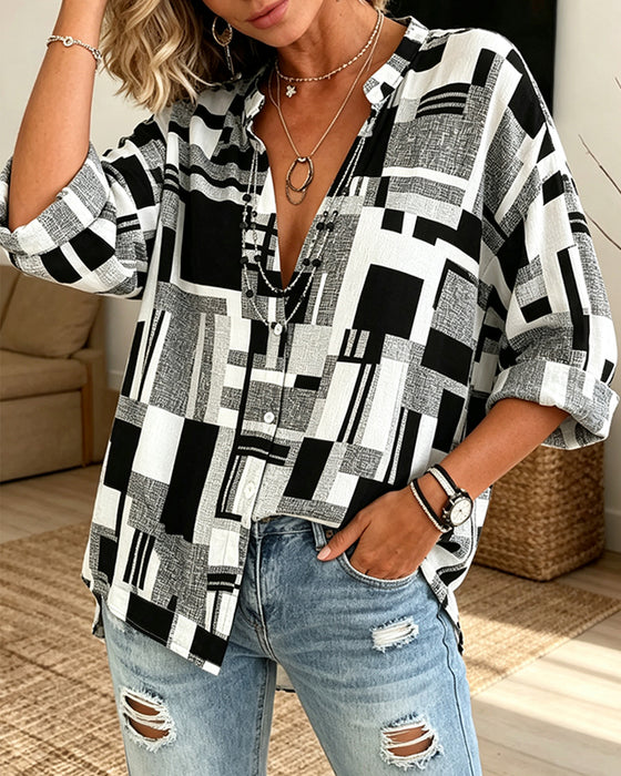 Geometric Print V-Neck Relaxed Blouse